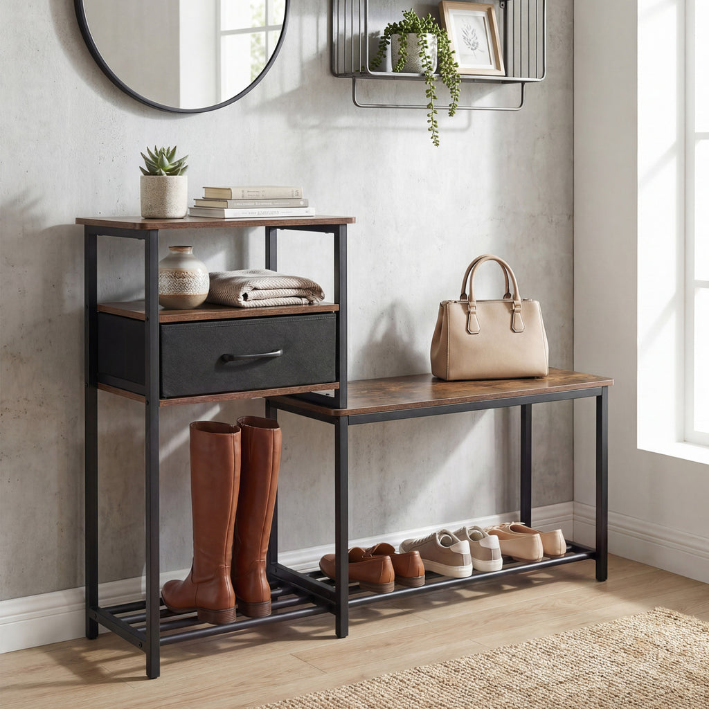 3-Tier Shoe Storage Bench with Drawer - Rustic Brown