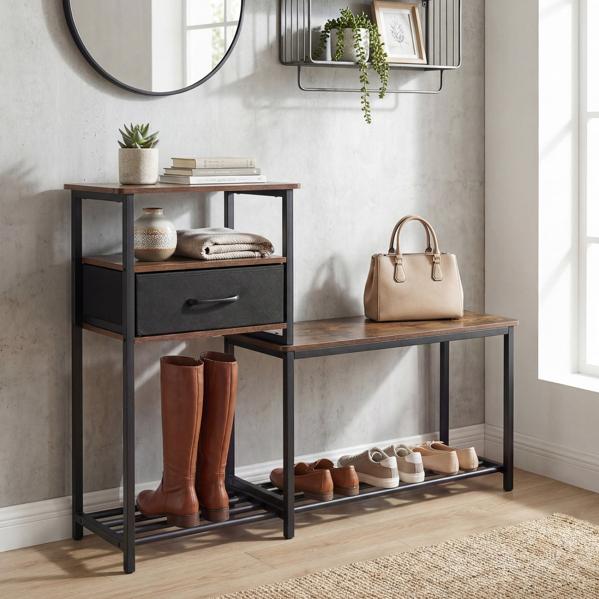 3-Tier Shoe Storage Bench with Drawer - Rustic Brown