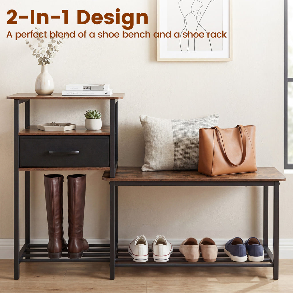 3-Tier Shoe Storage Bench with Drawer - Rustic Brown