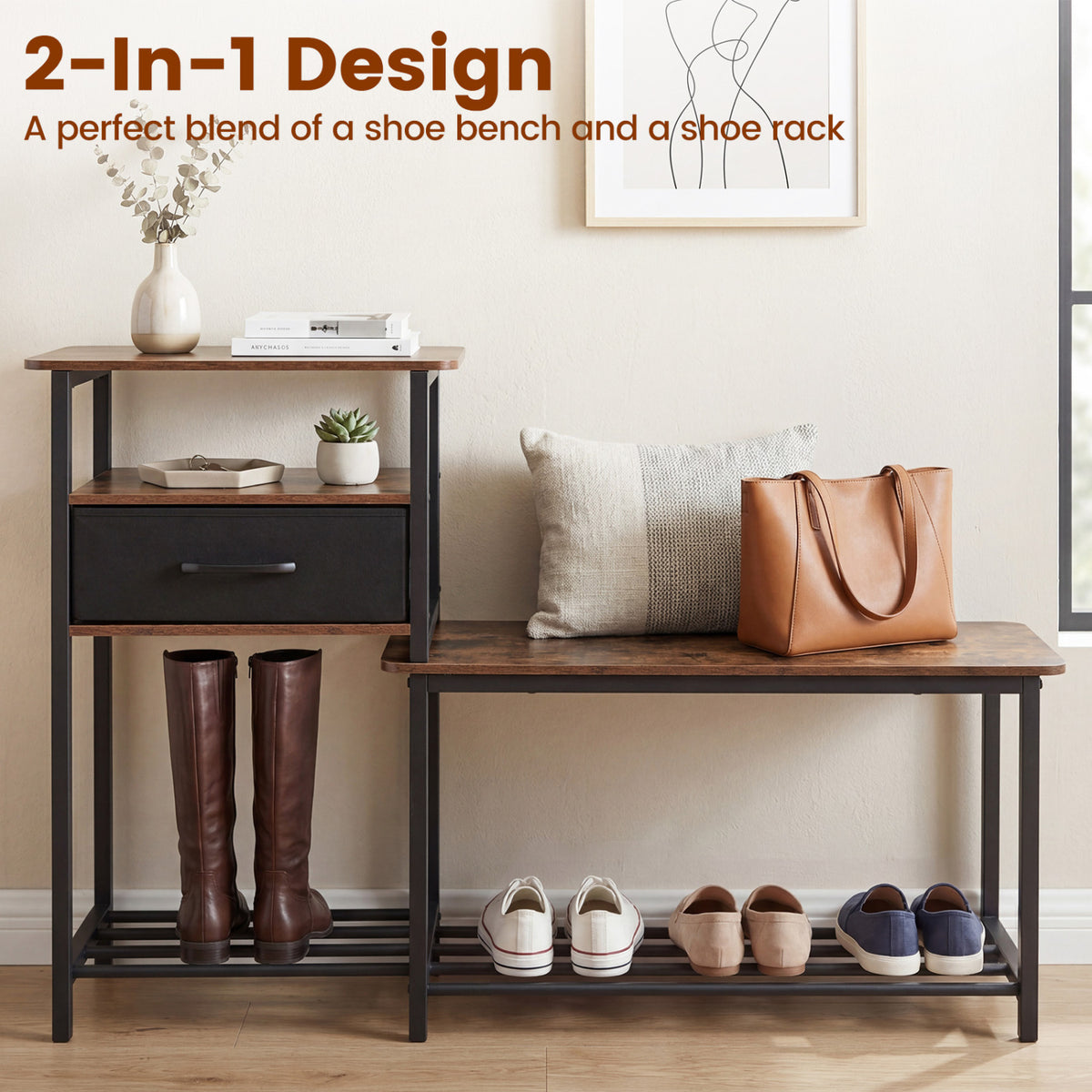 3-Tier Shoe Storage Bench with Drawer - Rustic Brown
