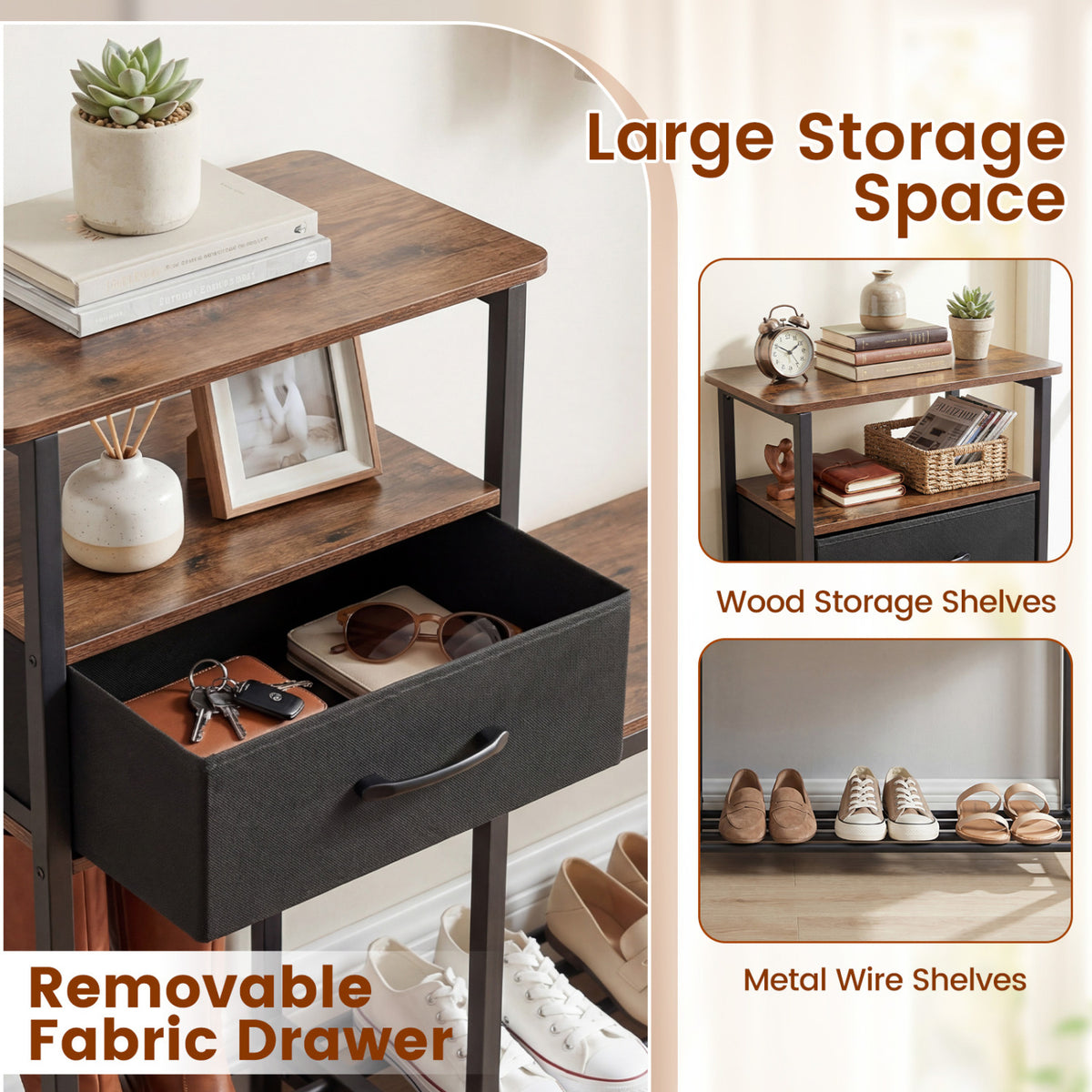 3-Tier Shoe Storage Bench with Drawer - Rustic Brown