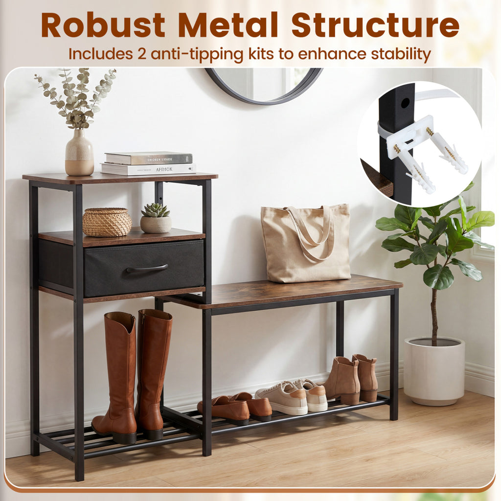 3-Tier Shoe Storage Bench with Drawer - Rustic Brown