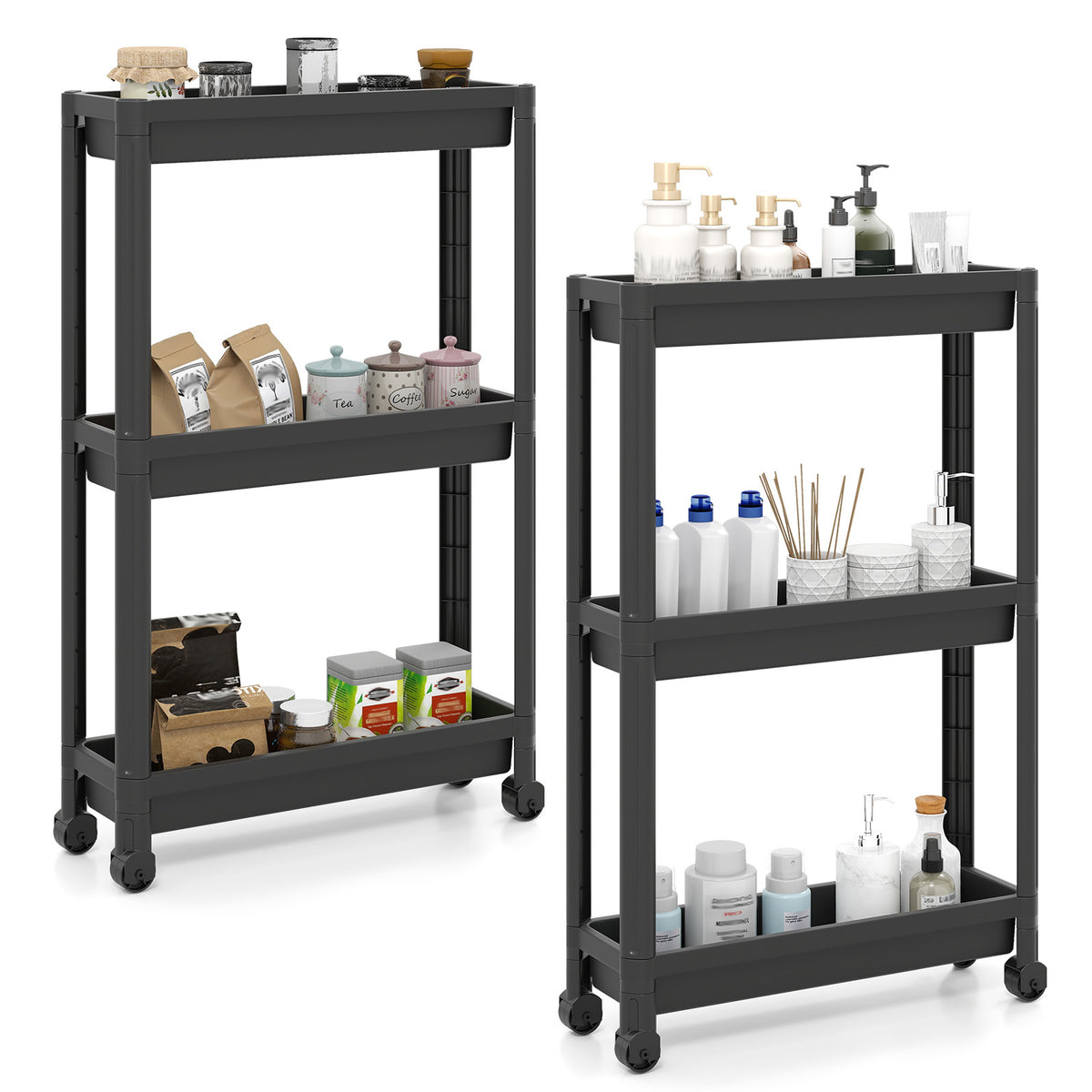 3-Tier Slim Rolling Storage Cart Black (2-Pack)