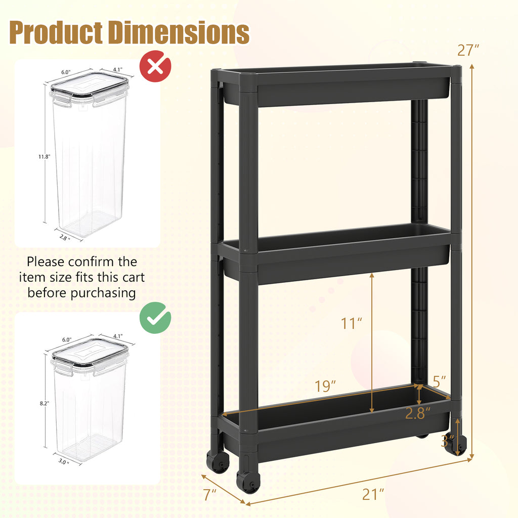3-Tier Slim Rolling Storage Cart Black (2-Pack)