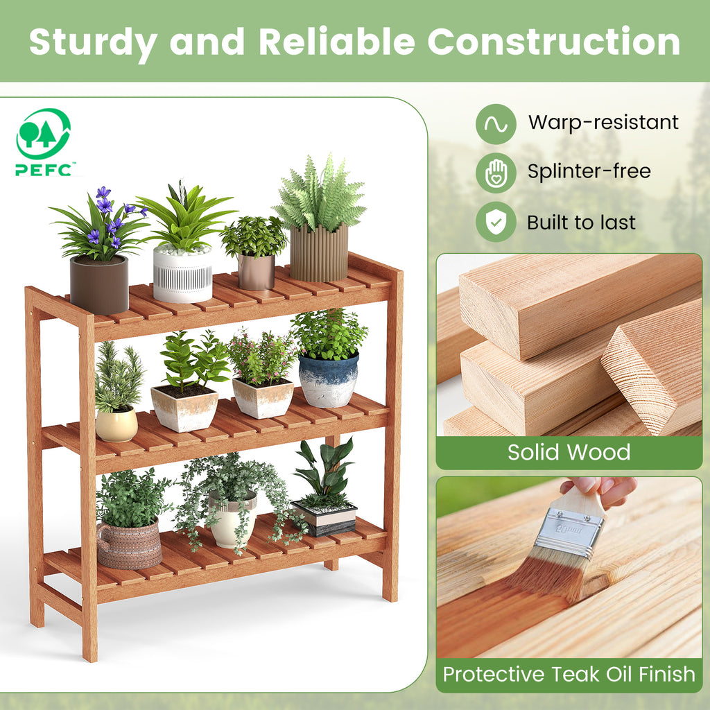 3-Tier Solid Wood Plant Stand with Slatted Shelves
