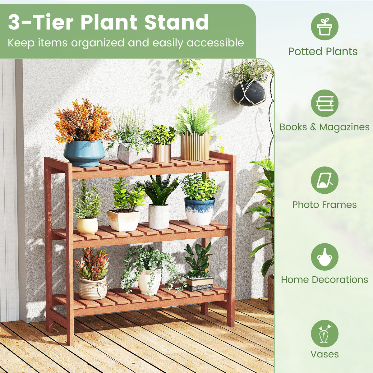 3-Tier Solid Wood Plant Stand with Slatted Shelves