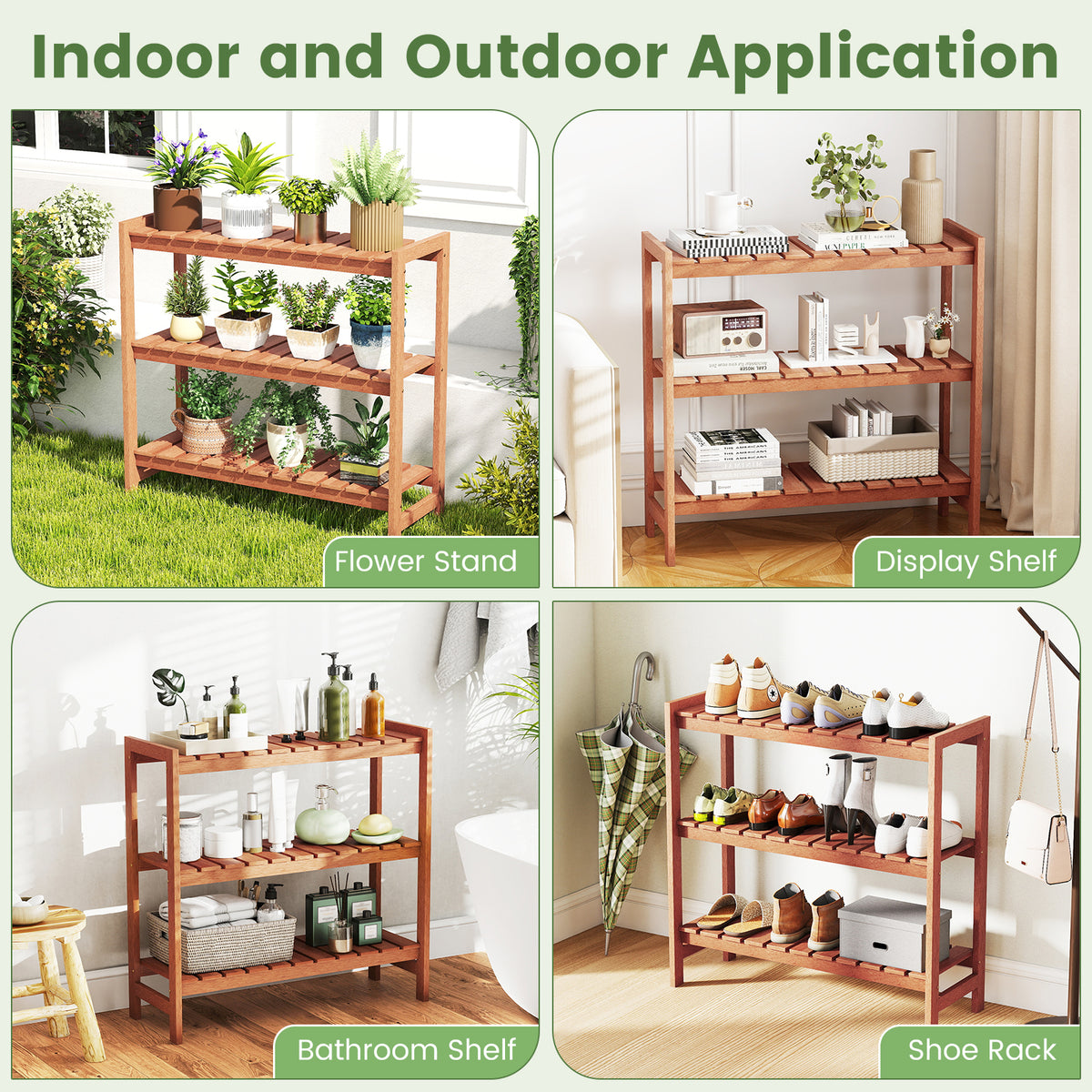 3-Tier Solid Wood Plant Stand with Slatted Shelves