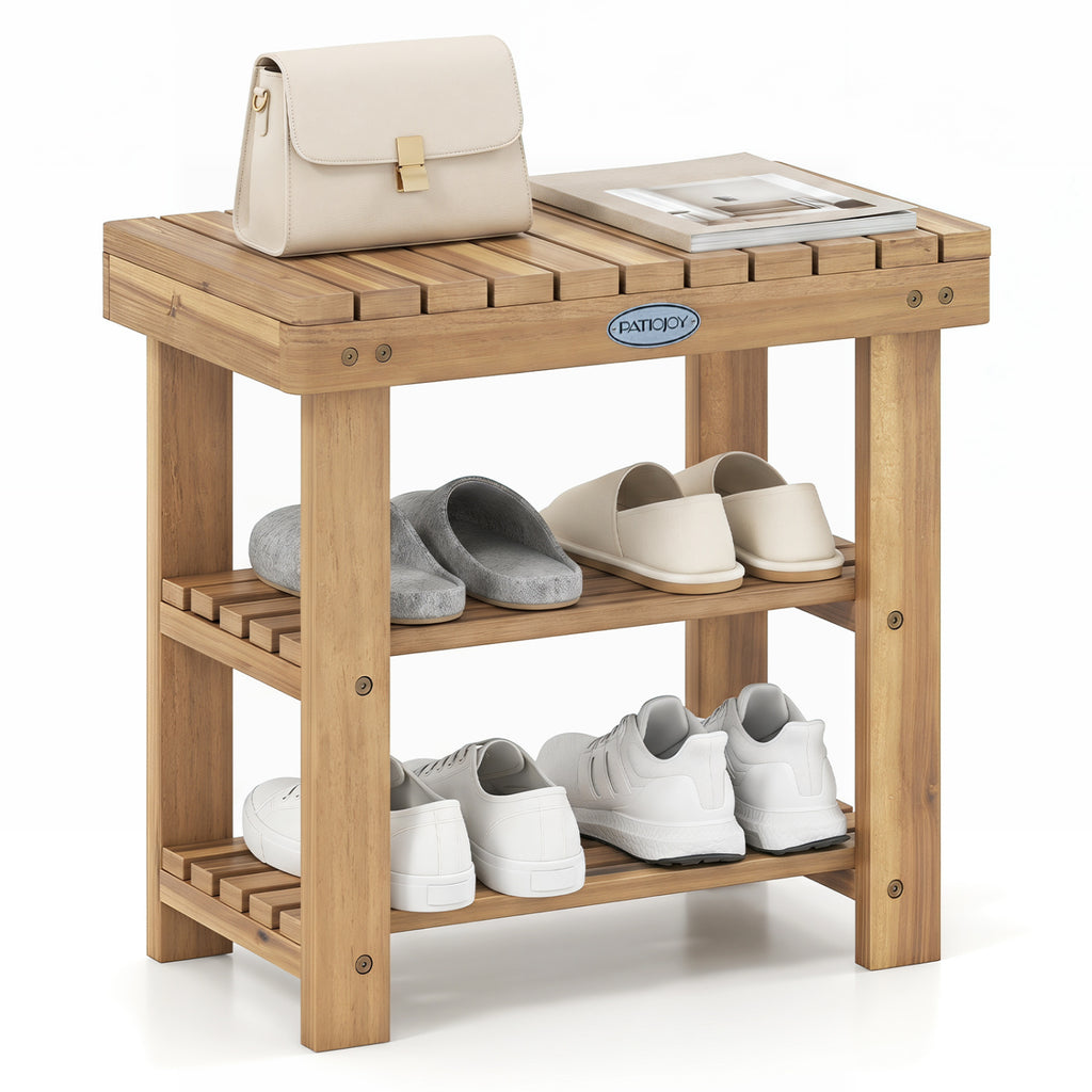 3-Tier Solid Wood Shoe Rack Bench - S
