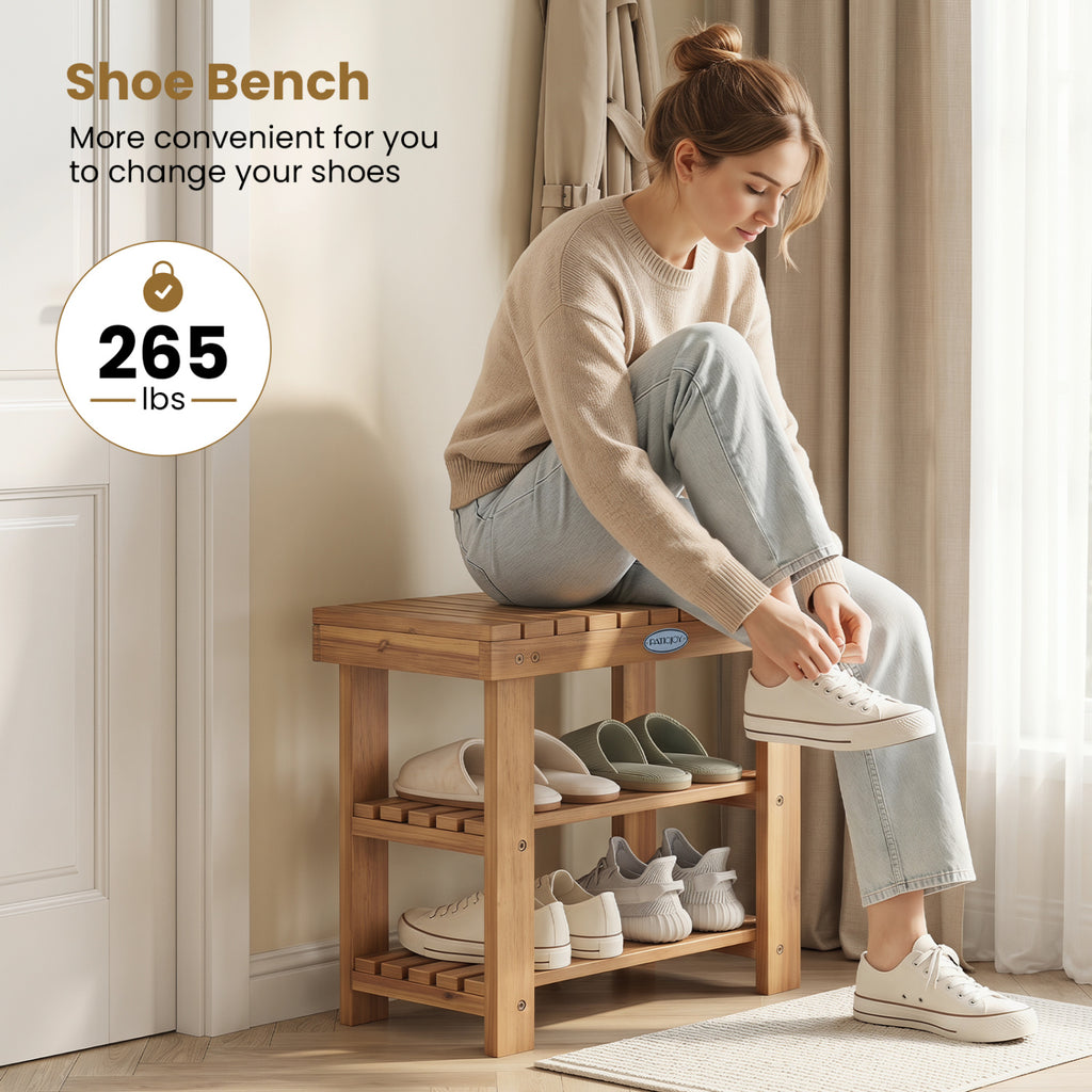3-Tier Solid Wood Shoe Rack Bench - S