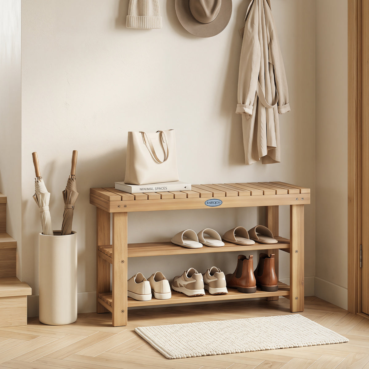 3-Tier Solid Wood Shoe Rack Bench - S