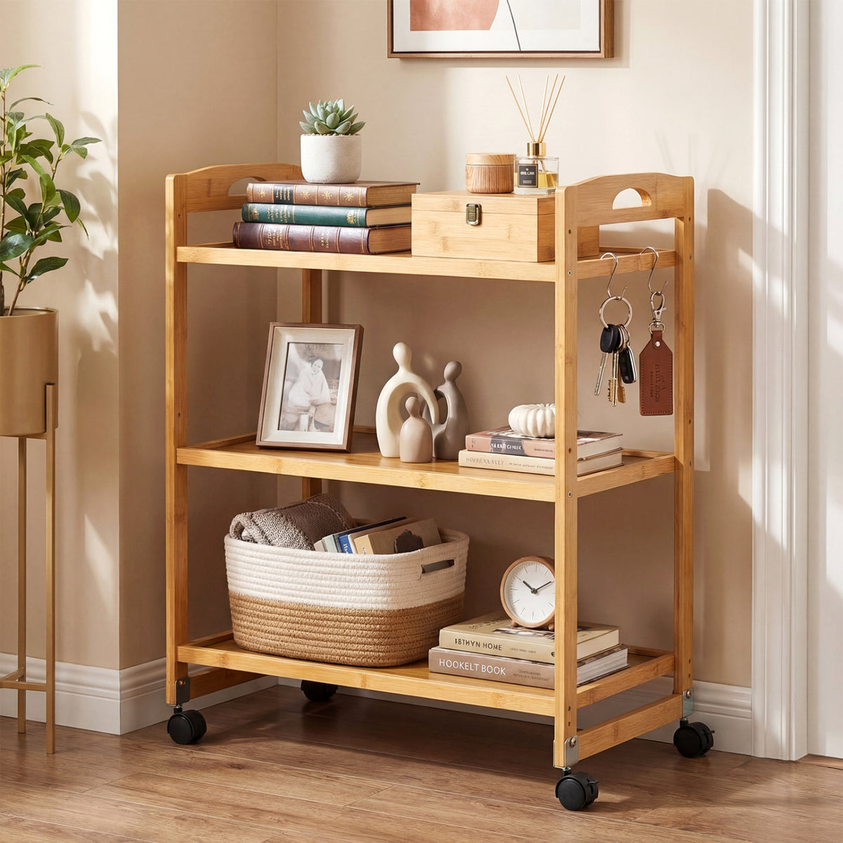3-Tier Bamboo Storage Rolling Cart with Locking Wheels - Natural