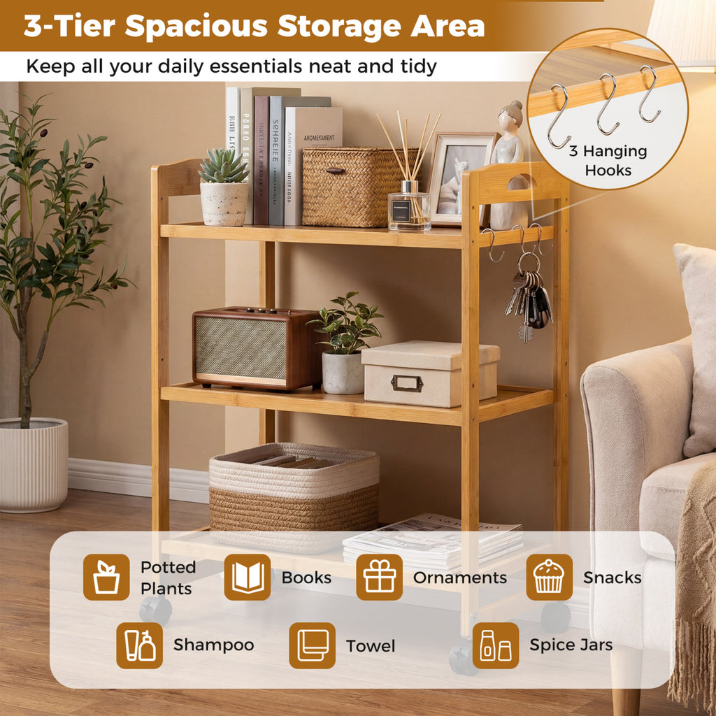 3-Tier Bamboo Storage Rolling Cart with Locking Wheels - Natural
