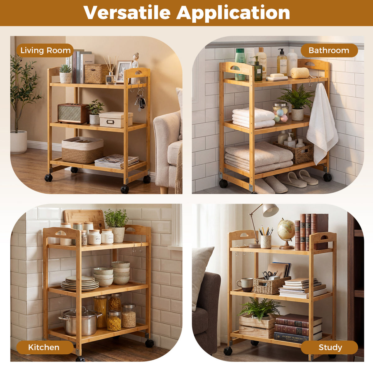 3-Tier Bamboo Storage Rolling Cart with Locking Wheels - Natural