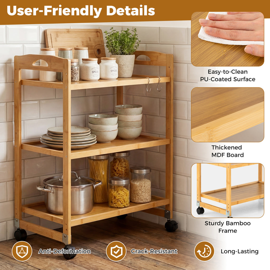 3-Tier Bamboo Storage Rolling Cart with Locking Wheels - Natural