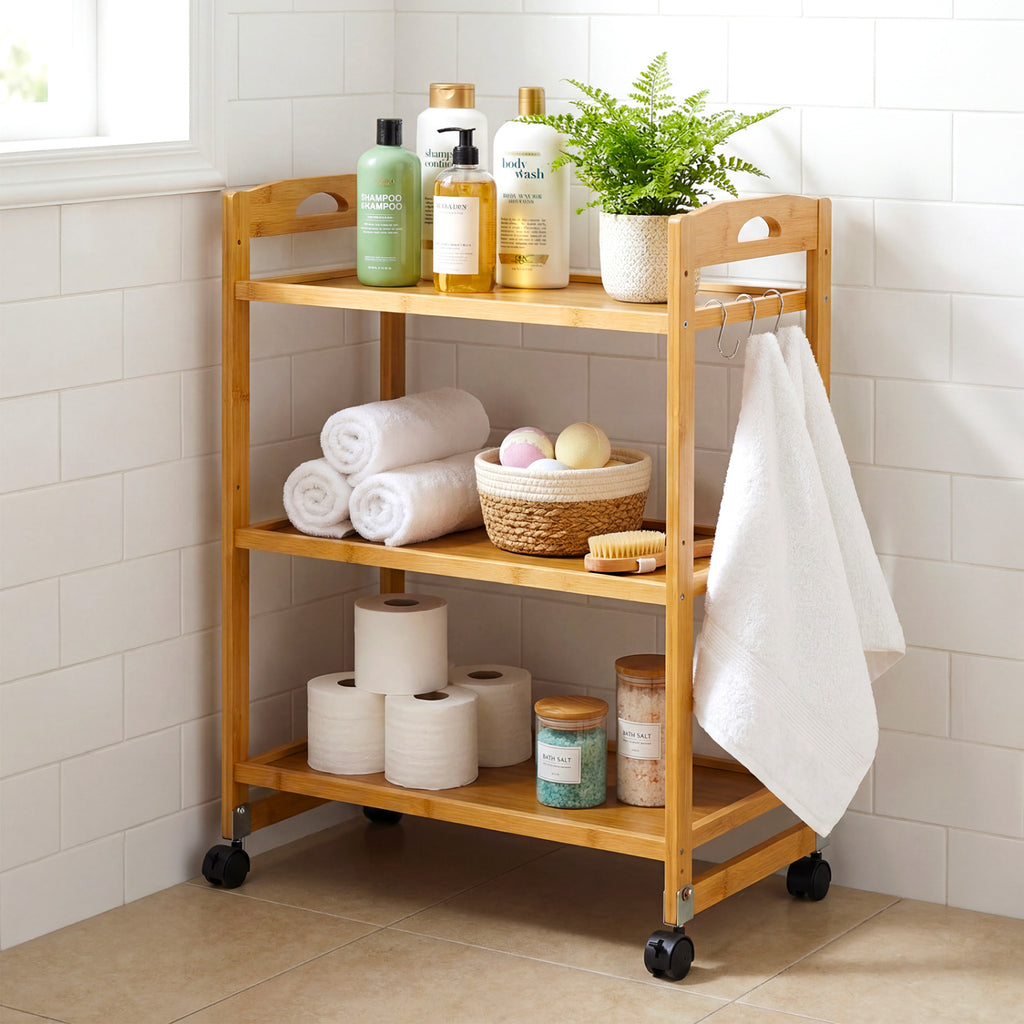 3-Tier Bamboo Storage Rolling Cart with Locking Wheels - Natural