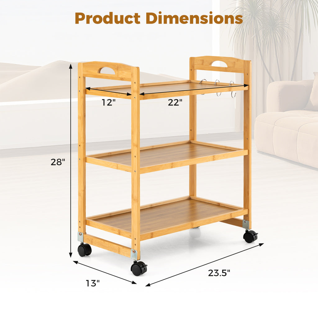 3-Tier Bamboo Storage Rolling Cart with Locking Wheels - Natural