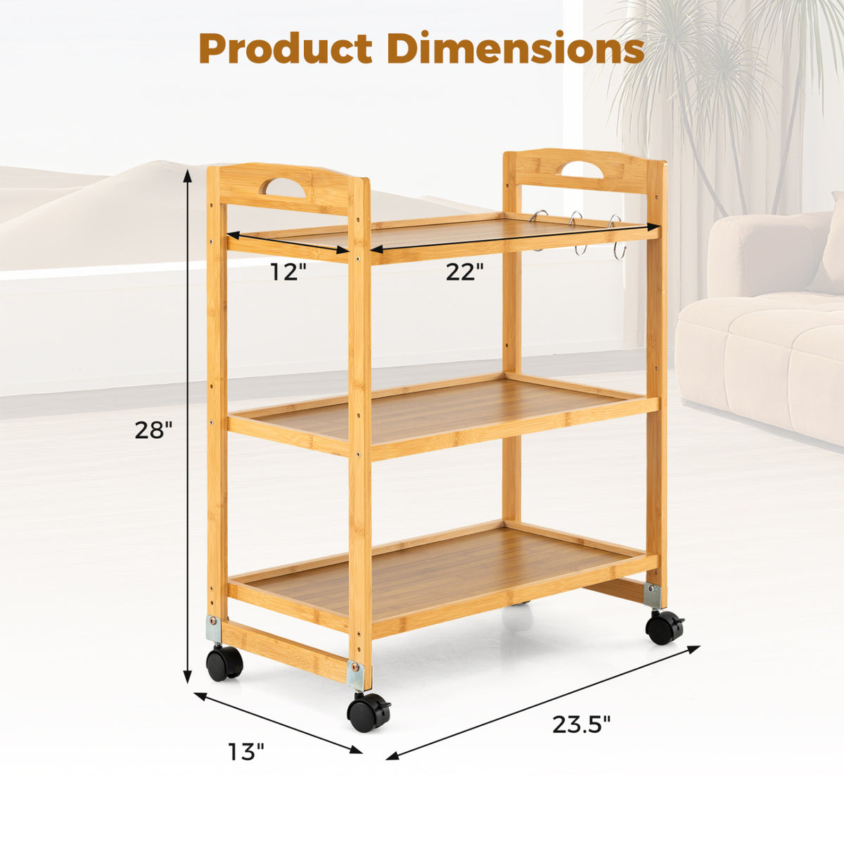 3-Tier Bamboo Storage Rolling Cart with Locking Wheels - Natural