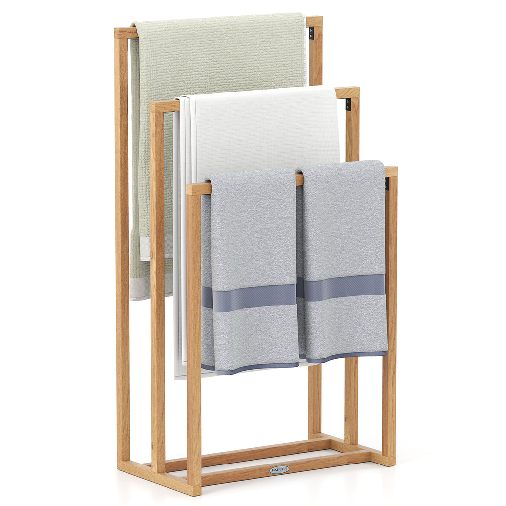 Freestanding Foldable Teak Wood Towel Rack with 3 Hanging Crossbars