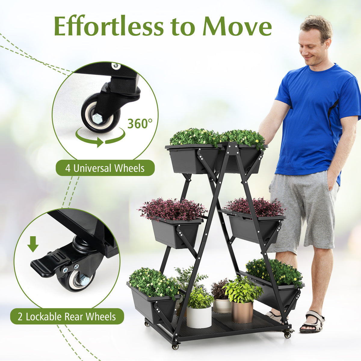 3-Tier Vertical Raised Garden Bed with Wheels - 6 Planter Boxes, Black