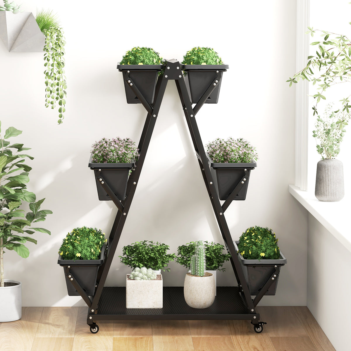 3-Tier Vertical Raised Garden Bed with Wheels - 6 Planter Boxes, Black