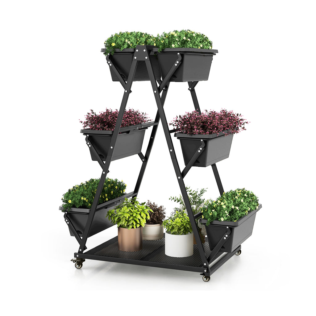 3-Tier Vertical Raised Garden Bed with Wheels - 6 Planter Boxes, Black