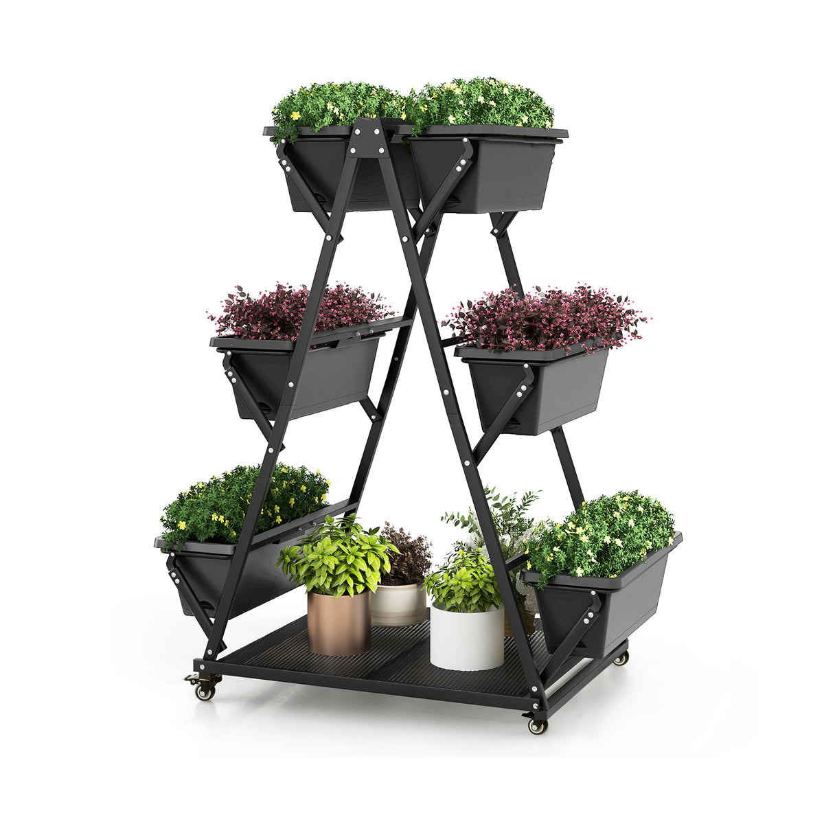 3-Tier Vertical Raised Garden Bed with Wheels - 6 Planter Boxes, Black
