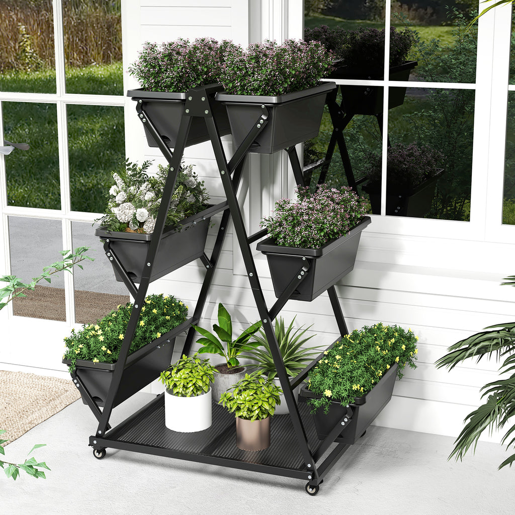 3-Tier Vertical Raised Garden Bed with Wheels - 6 Planter Boxes, Black