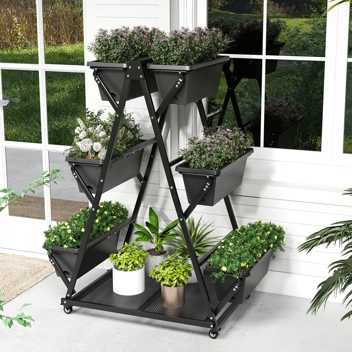 3-Tier Vertical Raised Garden Bed with Wheels - 6 Planter Boxes, Black