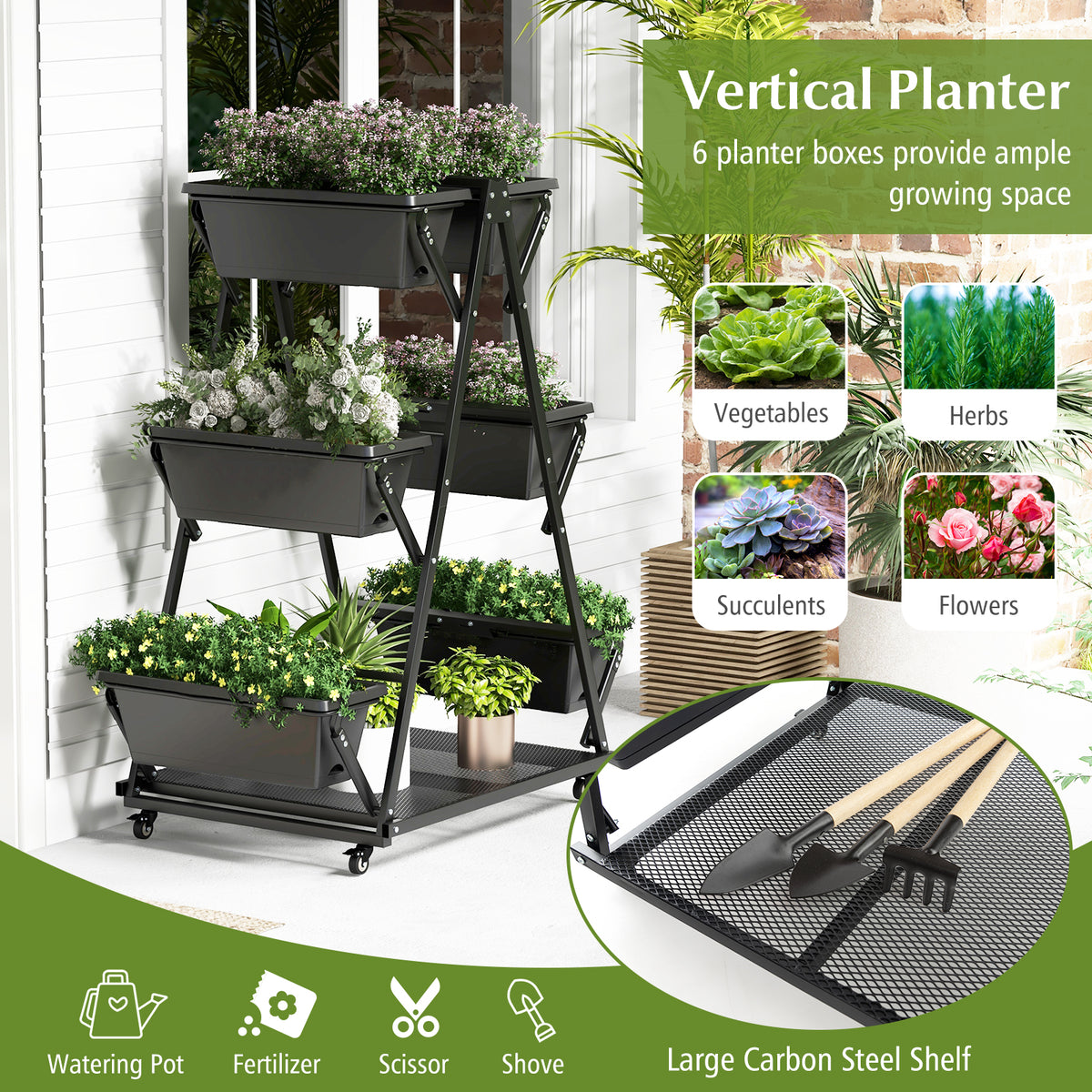 3-Tier Vertical Raised Garden Bed with Wheels - 6 Planter Boxes, Black