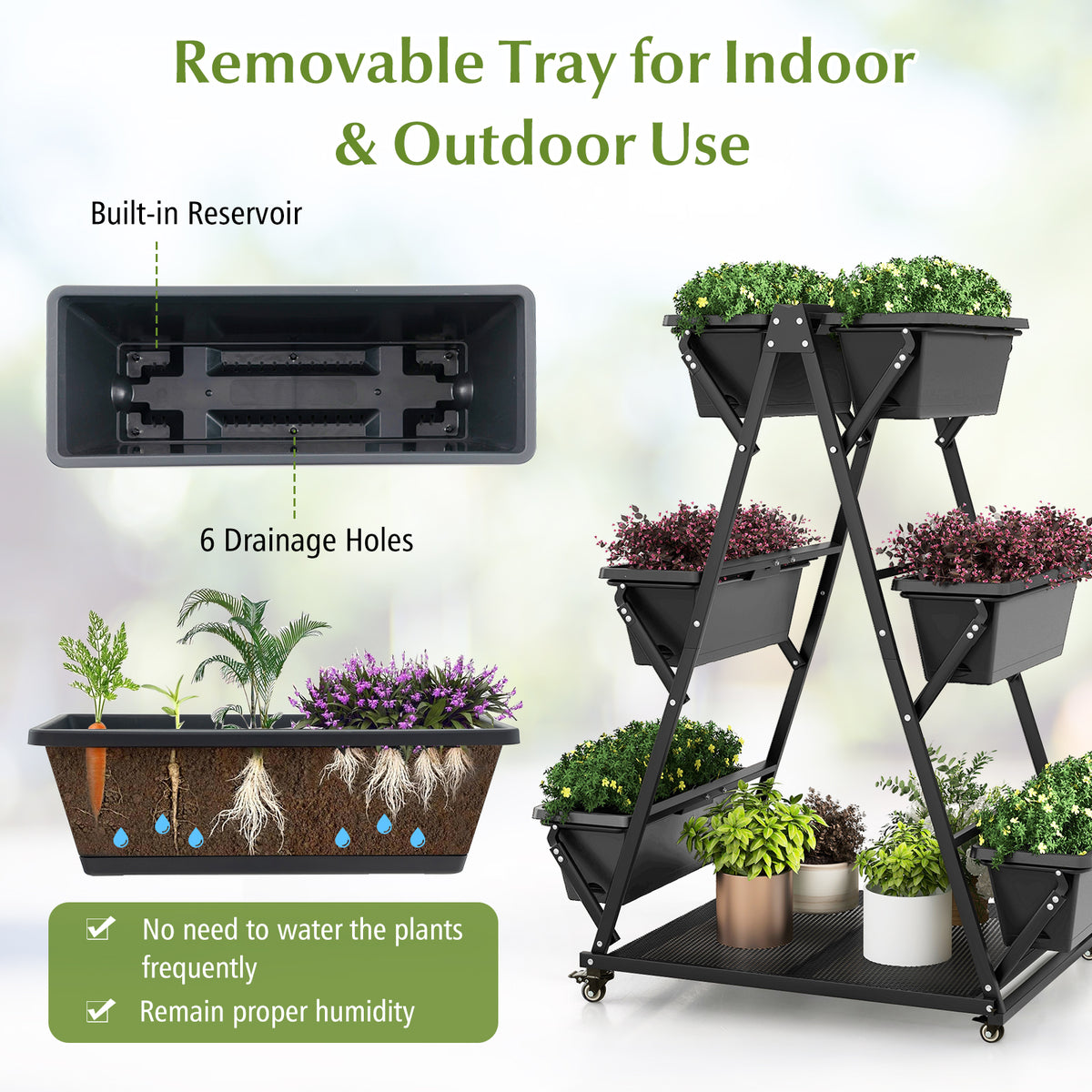 3-Tier Vertical Raised Garden Bed with Wheels - 6 Planter Boxes, Black