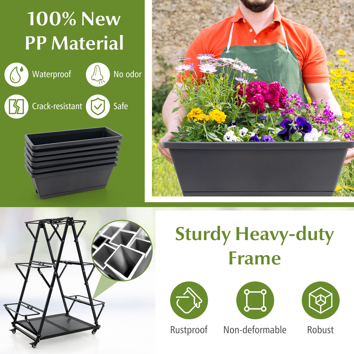 3-Tier Vertical Raised Garden Bed with Wheels - 6 Planter Boxes, Black