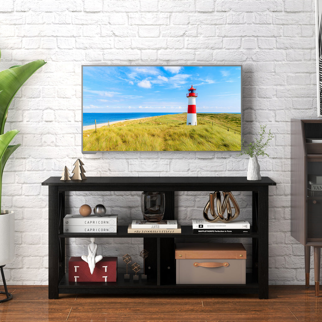 3-Tier Wood TV Stand for 55-Inch TVs with Open Shelves - Black
