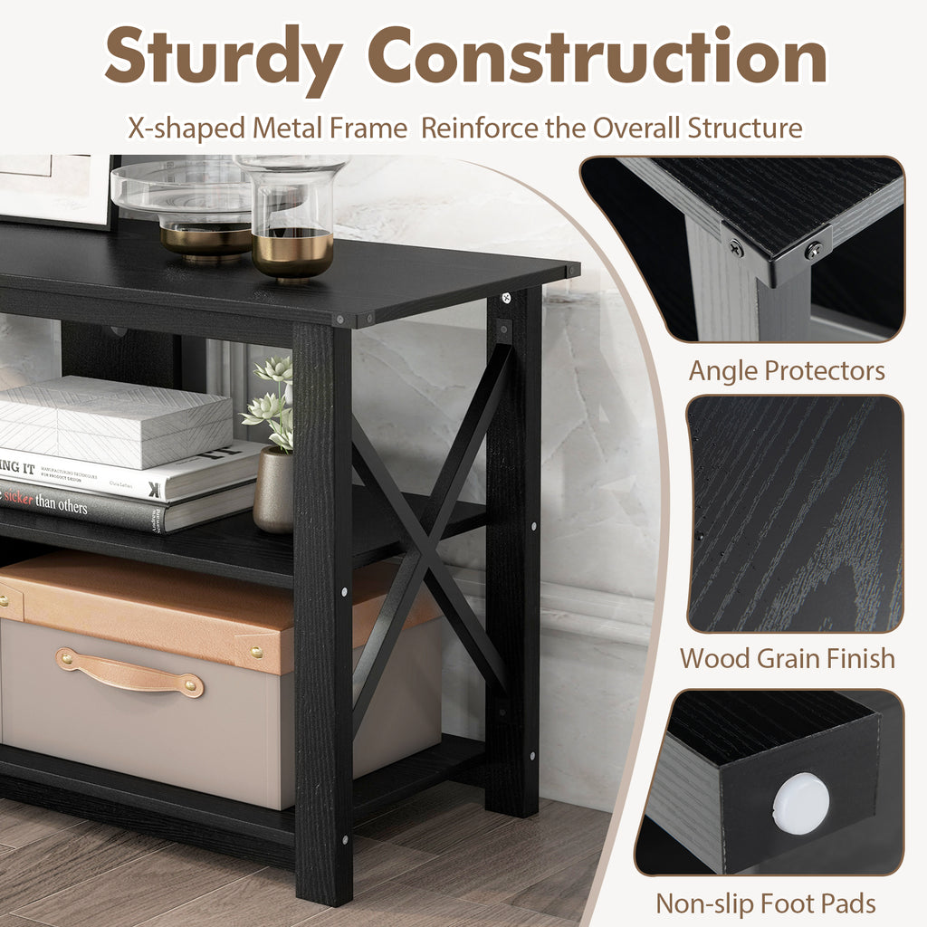 3-Tier Wood TV Stand for 55-Inch TVs with Open Shelves - Black