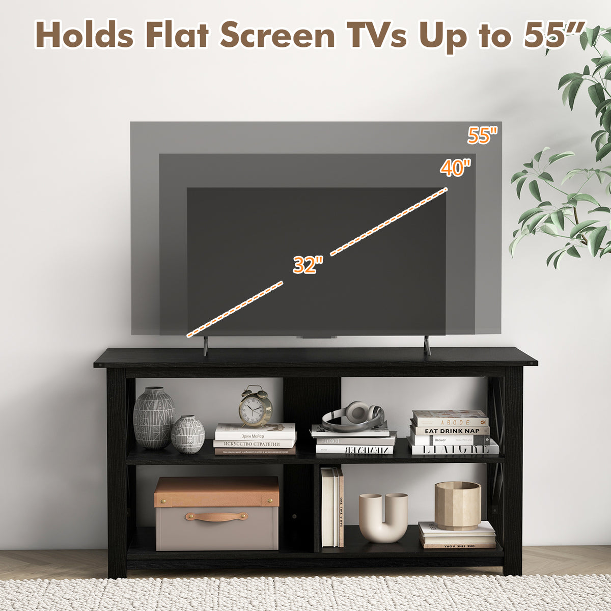 3-Tier Wood TV Stand for 55-Inch TVs with Open Shelves - Black