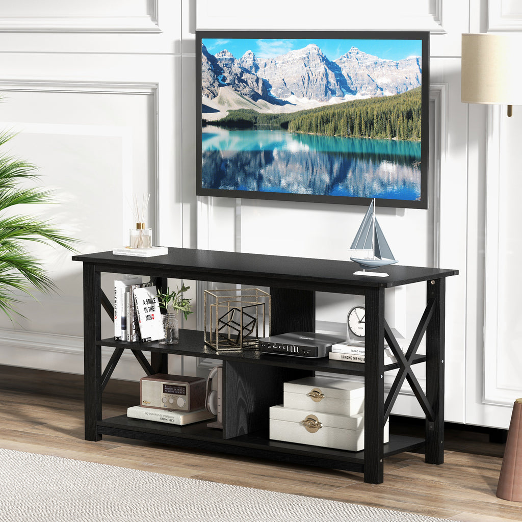 3-Tier Wood TV Stand for 55-Inch TVs with Open Shelves - Black