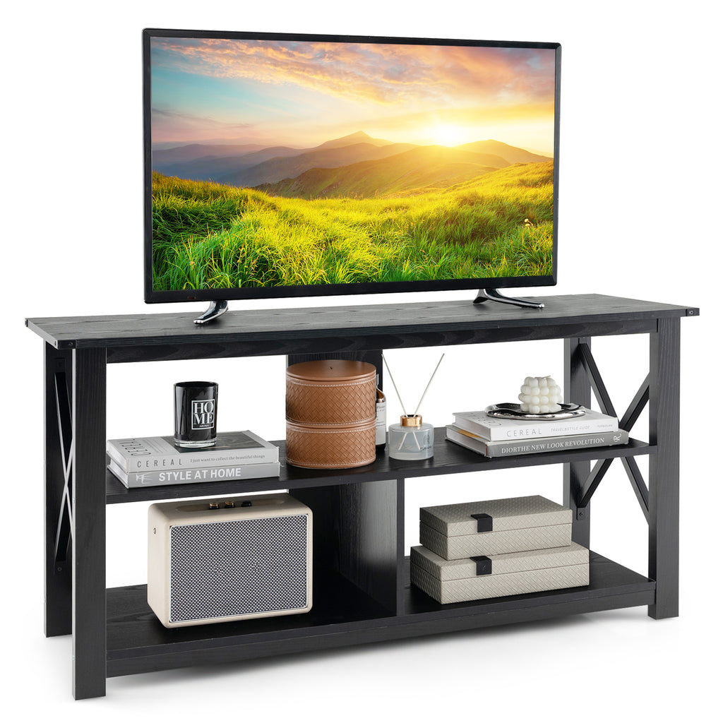3-Tier Wood TV Stand for 55-Inch TVs with Open Shelves - Black