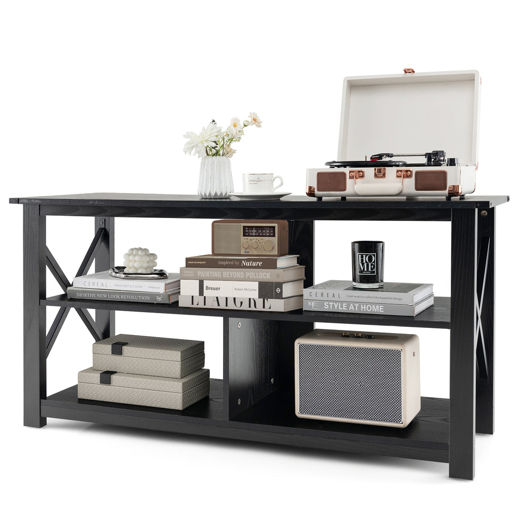 3-Tier Wood TV Stand for 55-Inch TVs with Open Shelves - Black