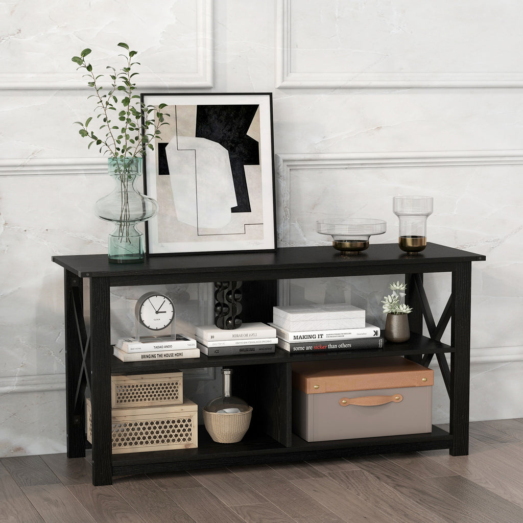 3-Tier Wood TV Stand for 55-Inch TVs with Open Shelves - Black