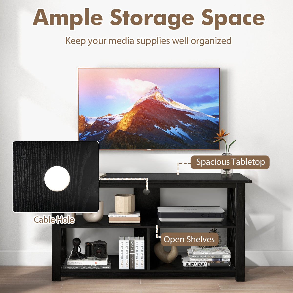 3-Tier Wood TV Stand for 55-Inch TVs with Open Shelves - Black