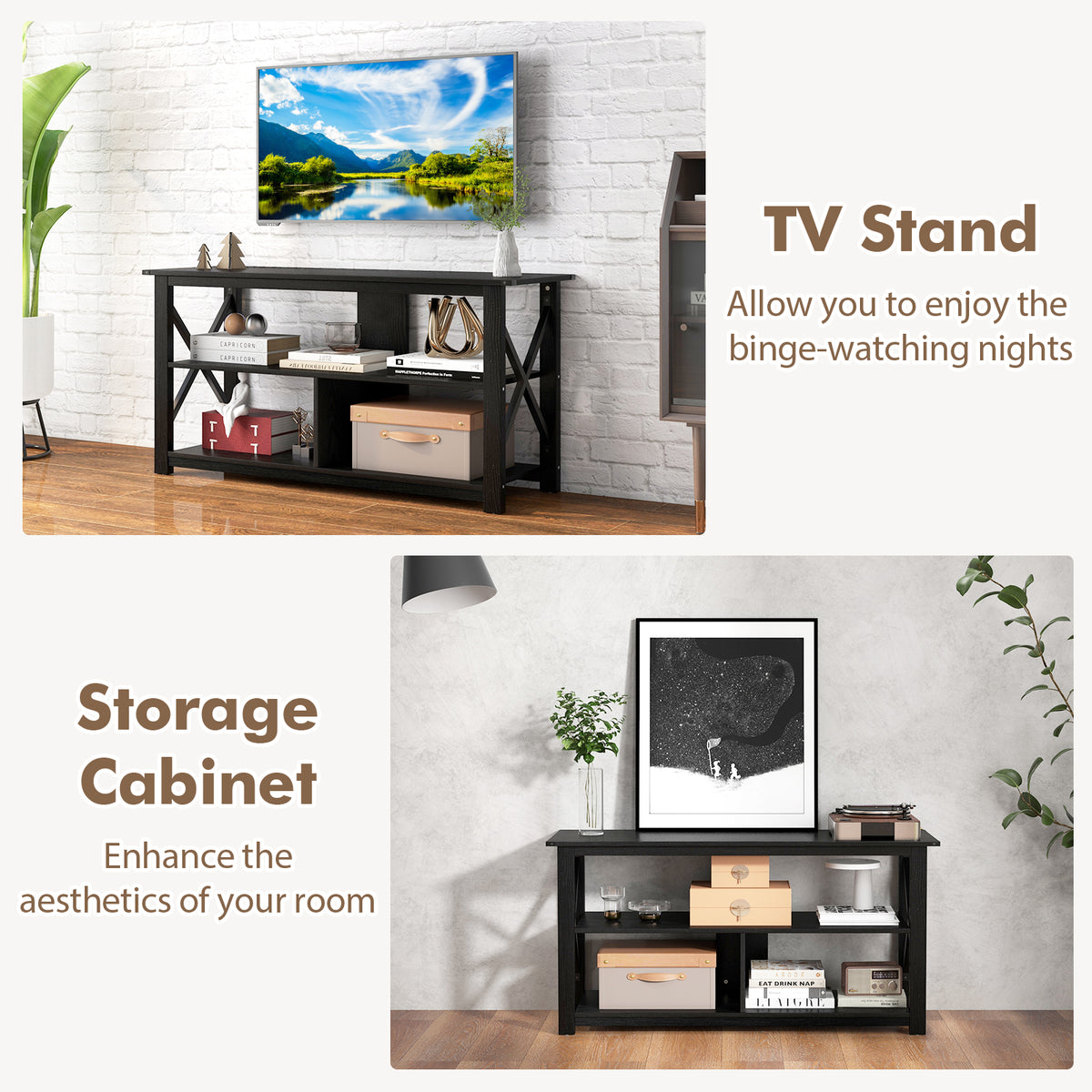 3-Tier Wood TV Stand for 55-Inch TVs with Open Shelves - Black