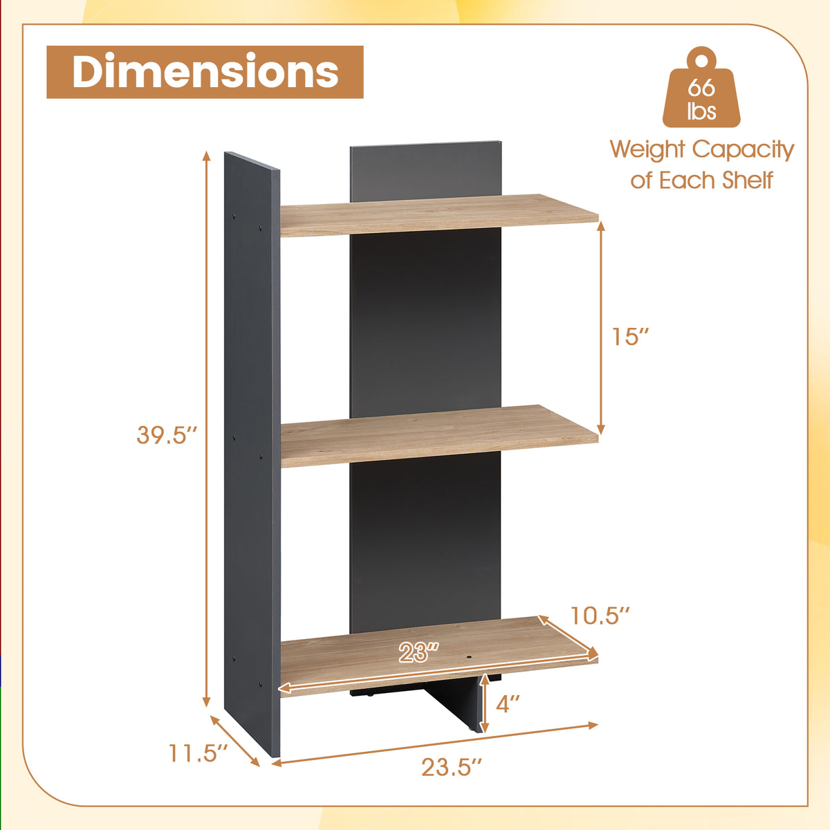 3-Tier Wooden Bookshelf with Anti-Tipping Kit - Oak