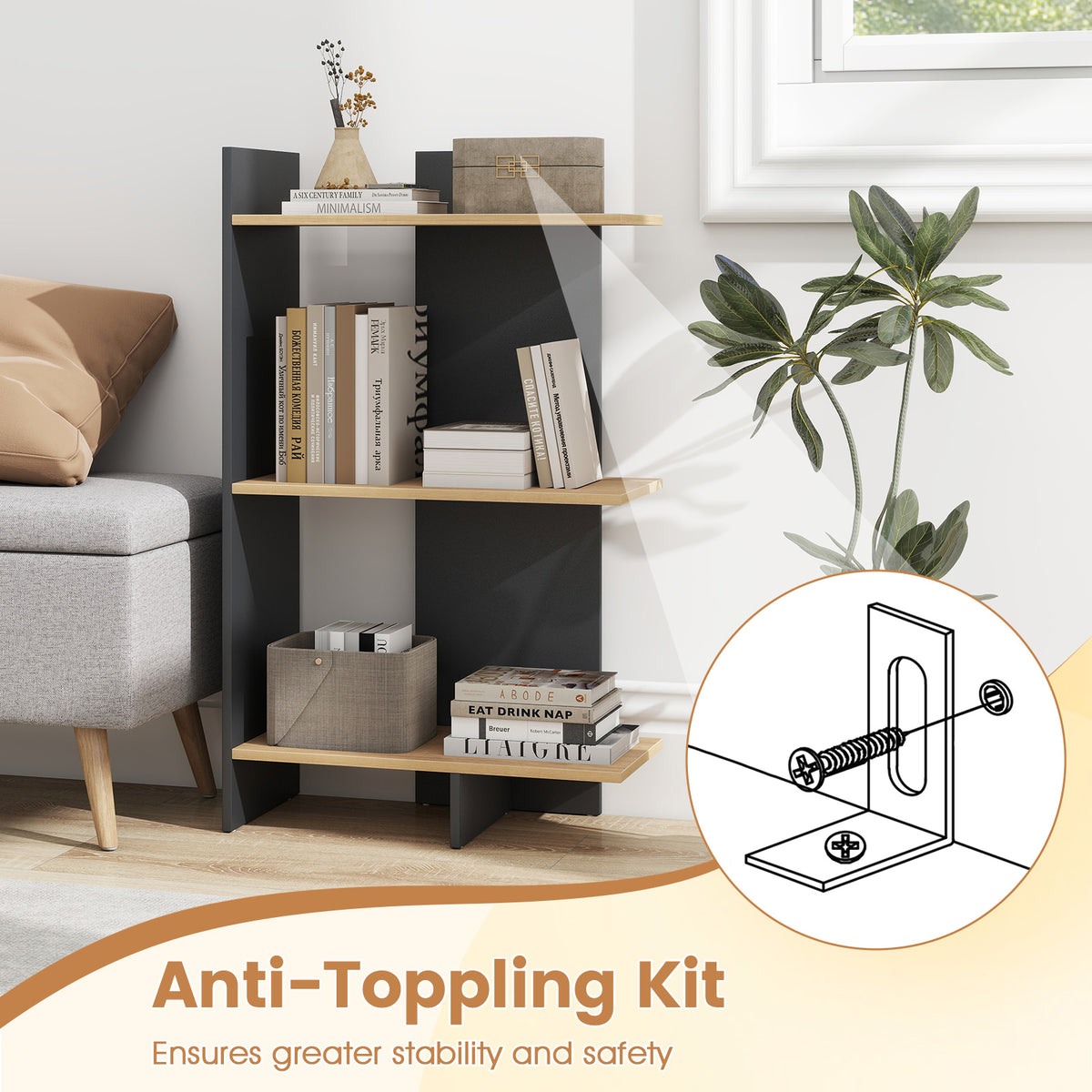 3-Tier Wooden Bookshelf with Anti-Tipping Kit - Oak