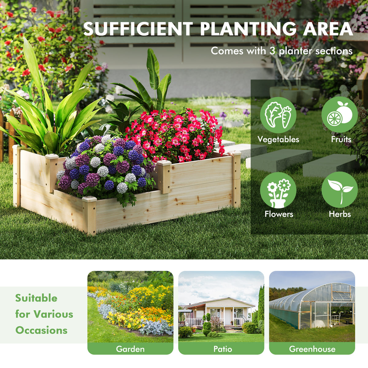 3-Tier Wooden Raised Garden Bed with Open-Ended Base
