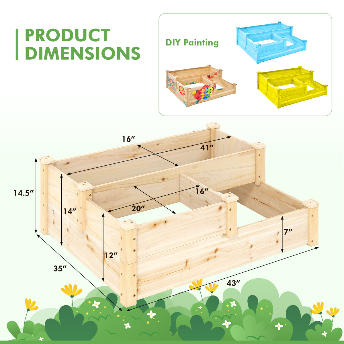 3-Tier Wooden Raised Garden Bed with Open-Ended Base