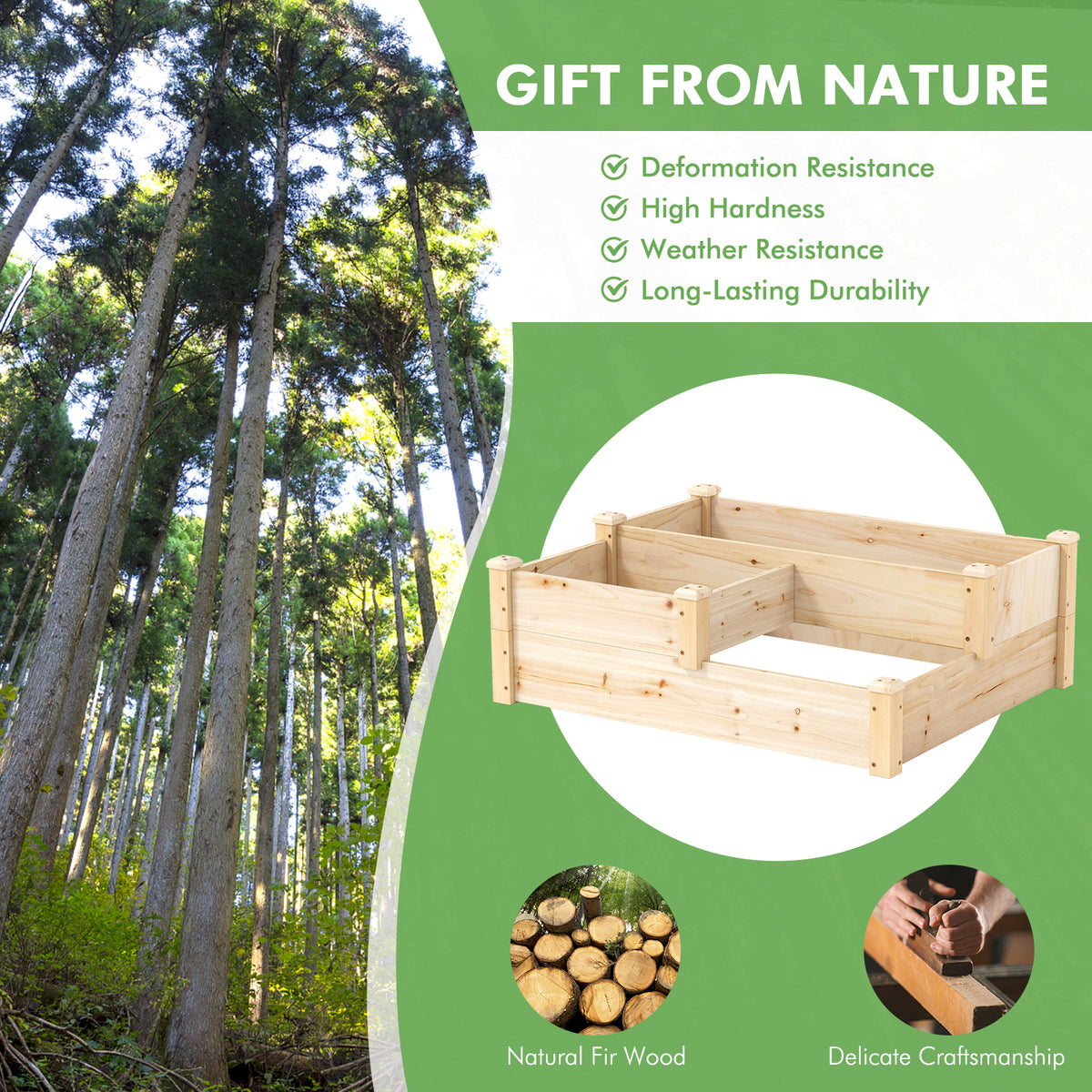 3-Tier Wooden Raised Garden Bed with Open-Ended Base