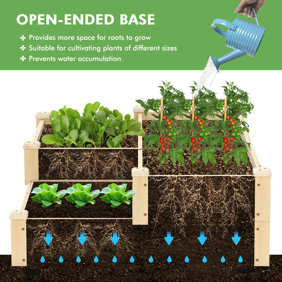 3-Tier Wooden Raised Garden Bed with Open-Ended Base