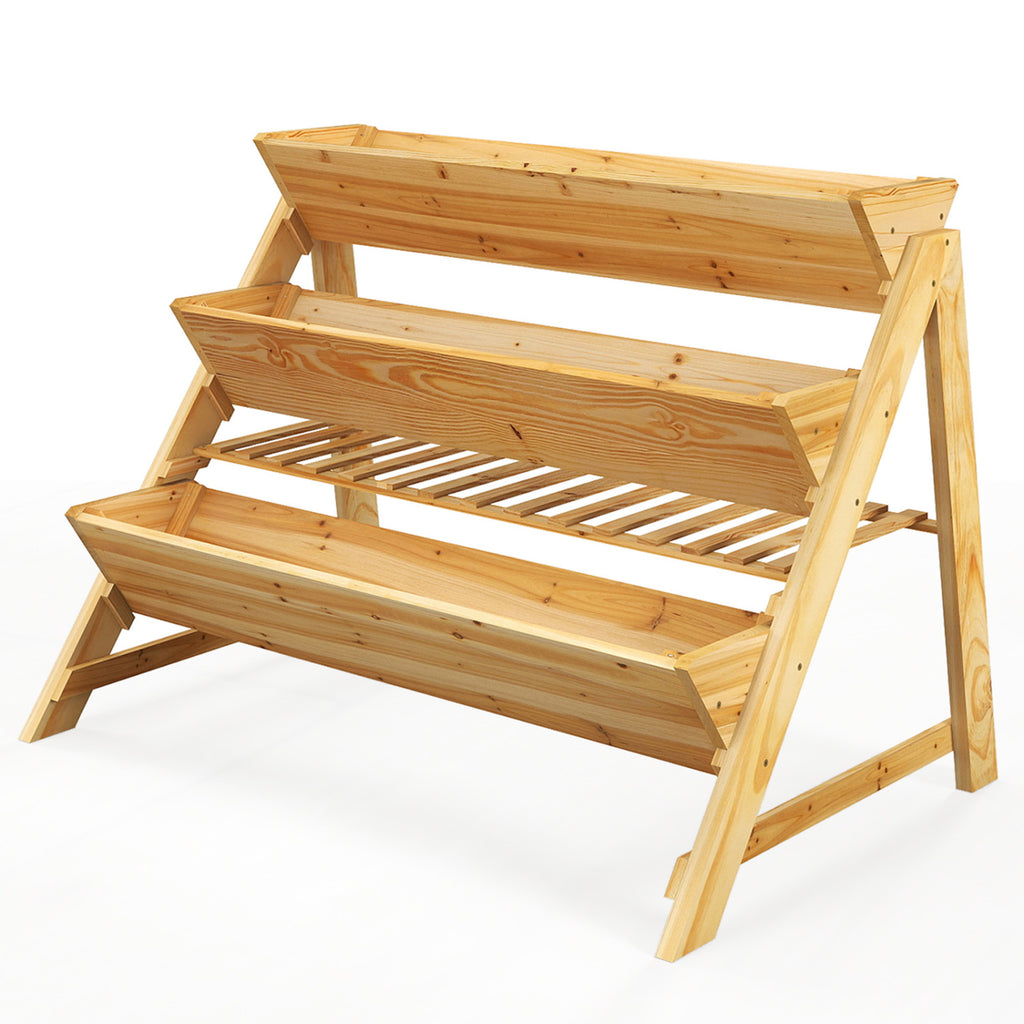 3-Tier Wooden Raised Garden Bed with Storage Shelf