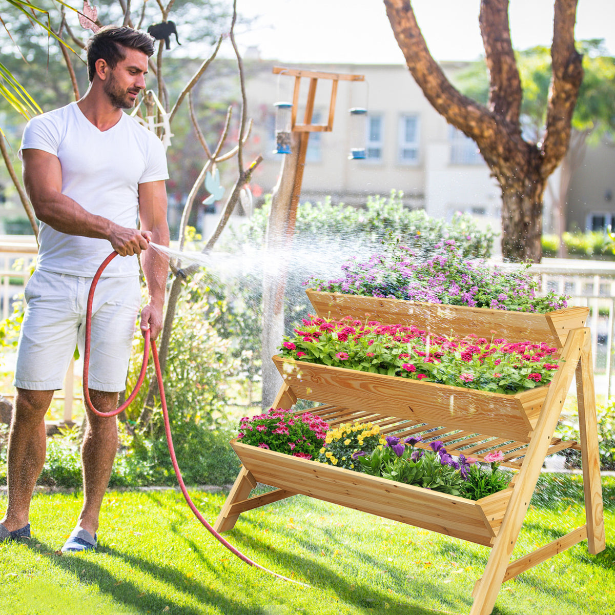 3-Tier Wooden Raised Garden Bed with Storage Shelf