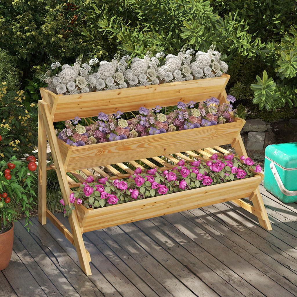 3-Tier Wooden Raised Garden Bed with Storage Shelf