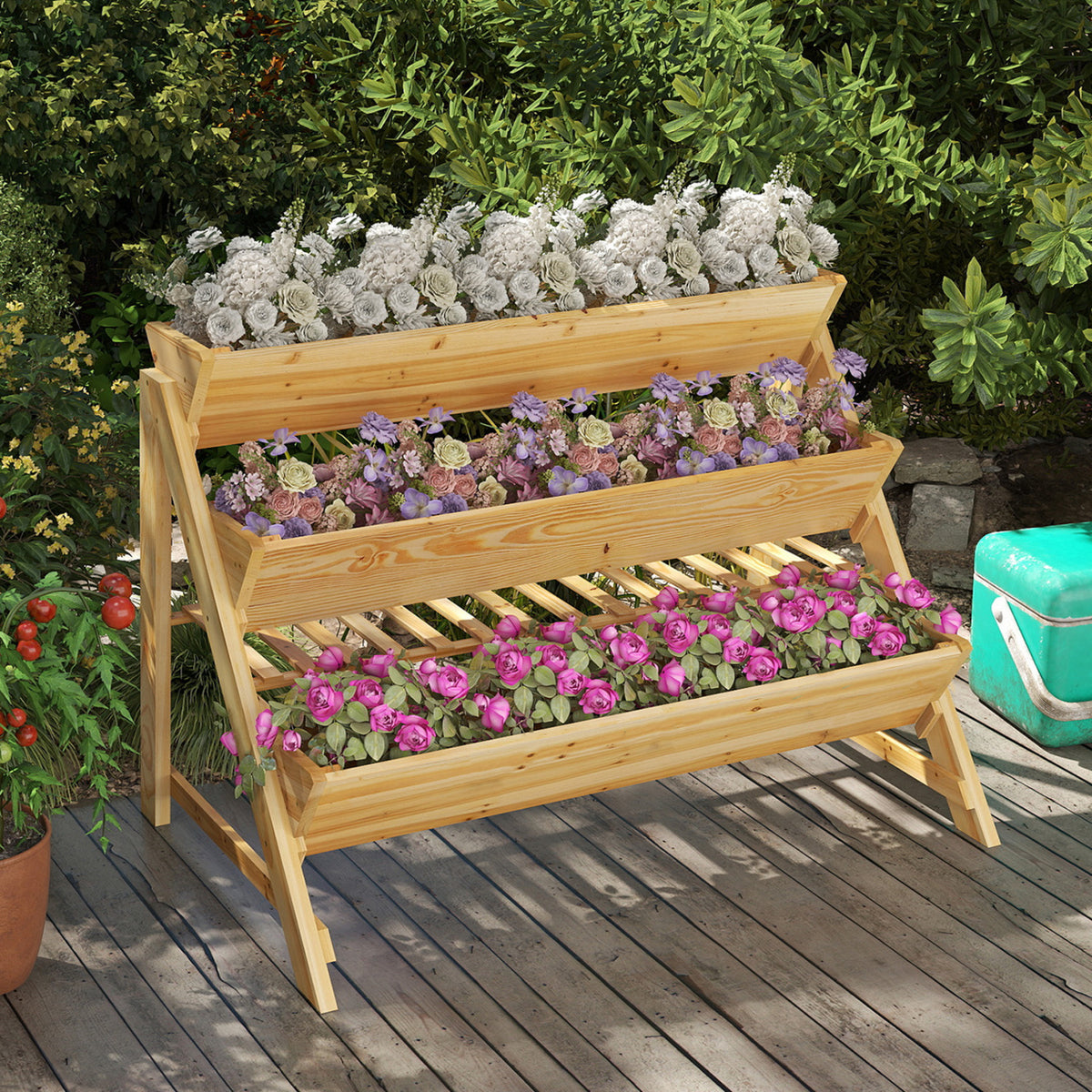 3-Tier Wooden Raised Garden Bed with Storage Shelf